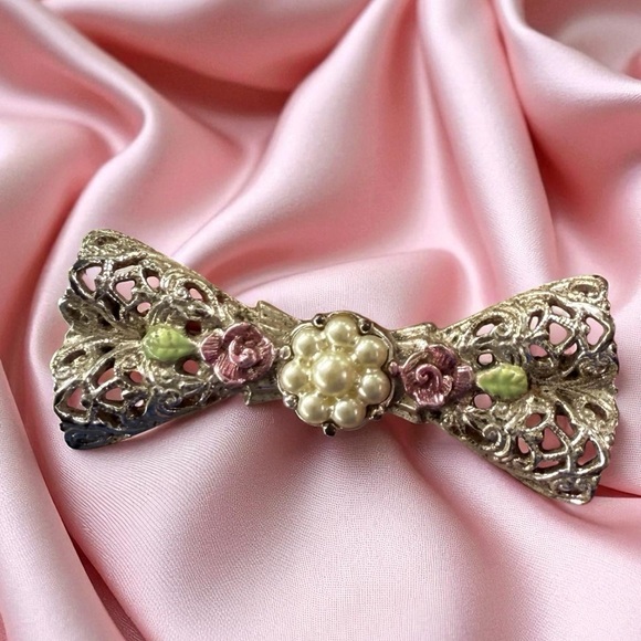 Vintage Gold & Pink Bow Brooch - Small - Picture 3 of 7